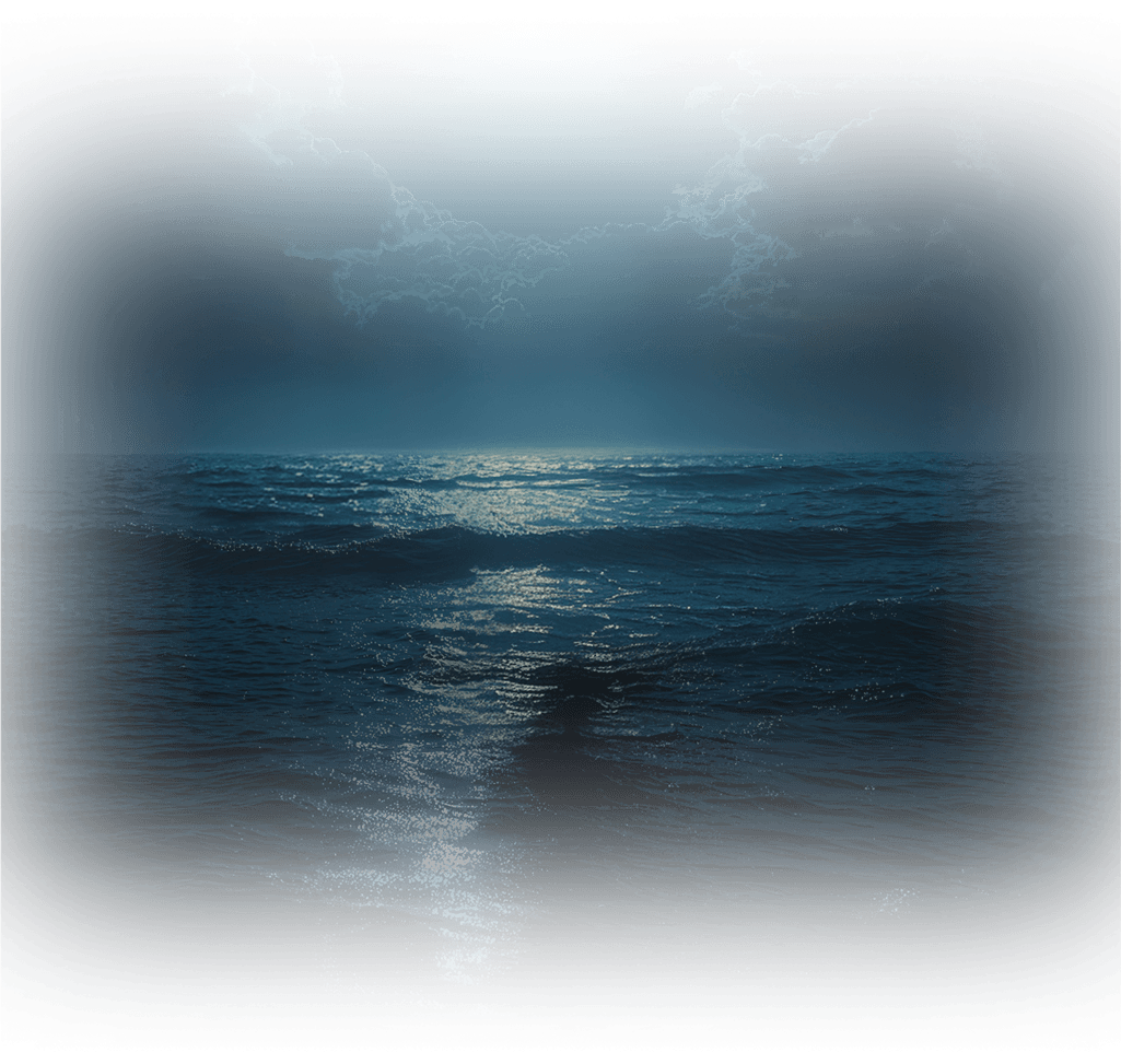 Robed figure walking on water under a glowing sky, symbolizing salvation.