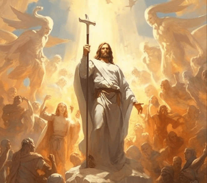 Heavenly scene with a glowing robed figure and surrounding angels.