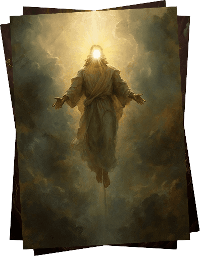 Luminous figure ascending through clouds, symbolizing divine truth and salvation.