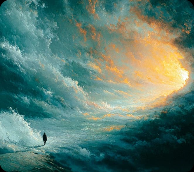 Heavenly scene with a glowing robed figure and surrounding angels.